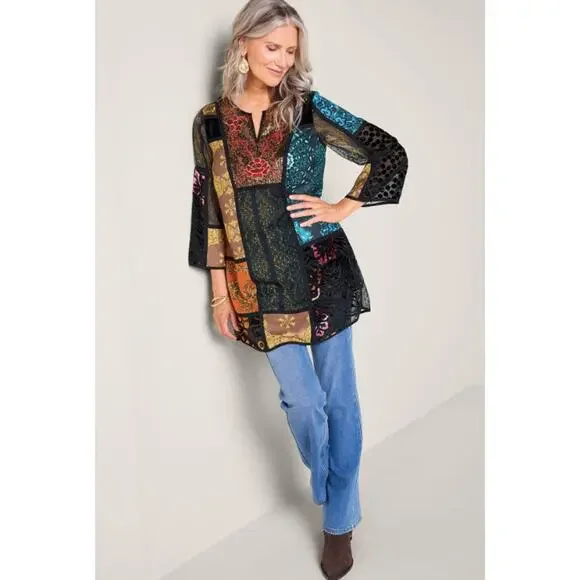 Soft Surroundings Adassa Burnout Velvet Tunic Mini Dress Patchwork Sequin Boho - Picture 2 of 10